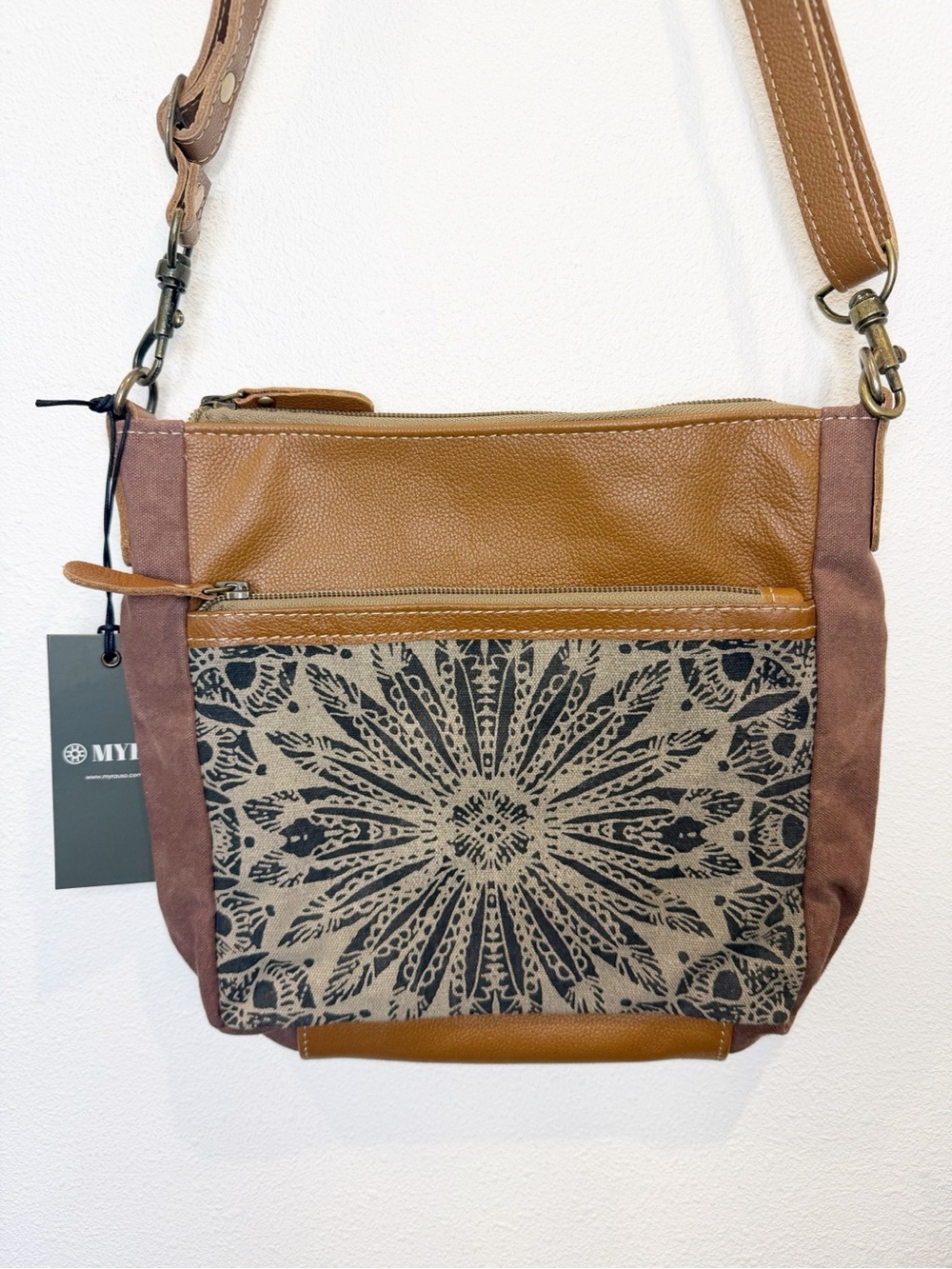 Women's Tan & Brown Crossbody Bag with Printed Front Panel